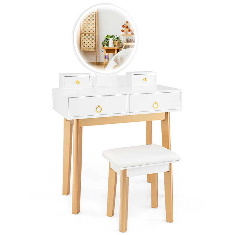 Vanity Desk with Lighted Mirror and Stool for Girls Bedroom