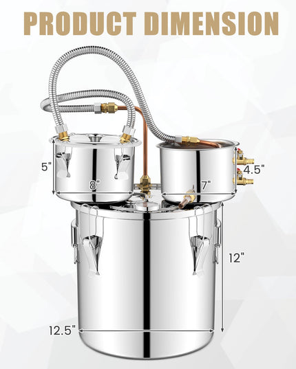 Giantex 5 or 10 Gal Alcohol Still, 3 Pots Stainless Steel Water, Alcohol, Oil Distiller Kit with Built-in Thermometer