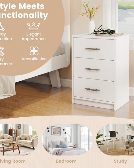 Giantex Nightstand with 3 Drawers, Modern Night Stand with Storage Drawers, White