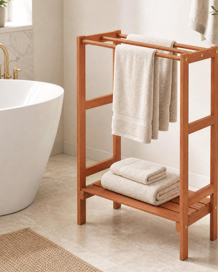 3-Bar Wood Towel Rack Freestanding with Bottom Storage Shelf