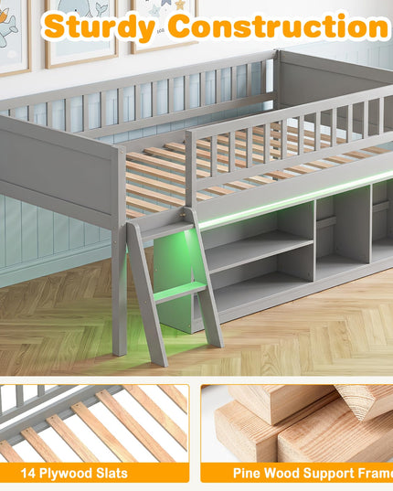GIANTEX Low Loft Bed Twin Size with LED Lights