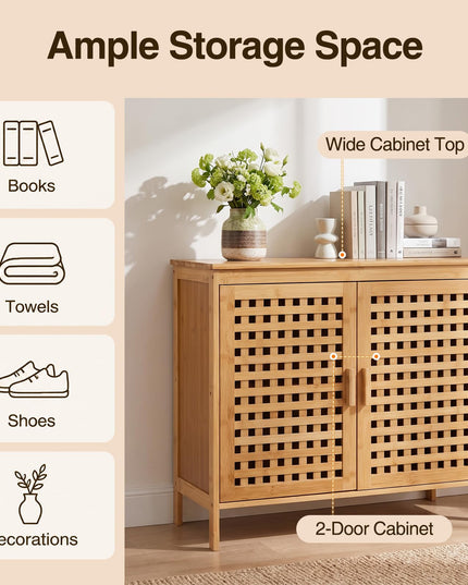 Giantex Freestanding Bamboo Bathroom Storage Cabinet with 2 Doors