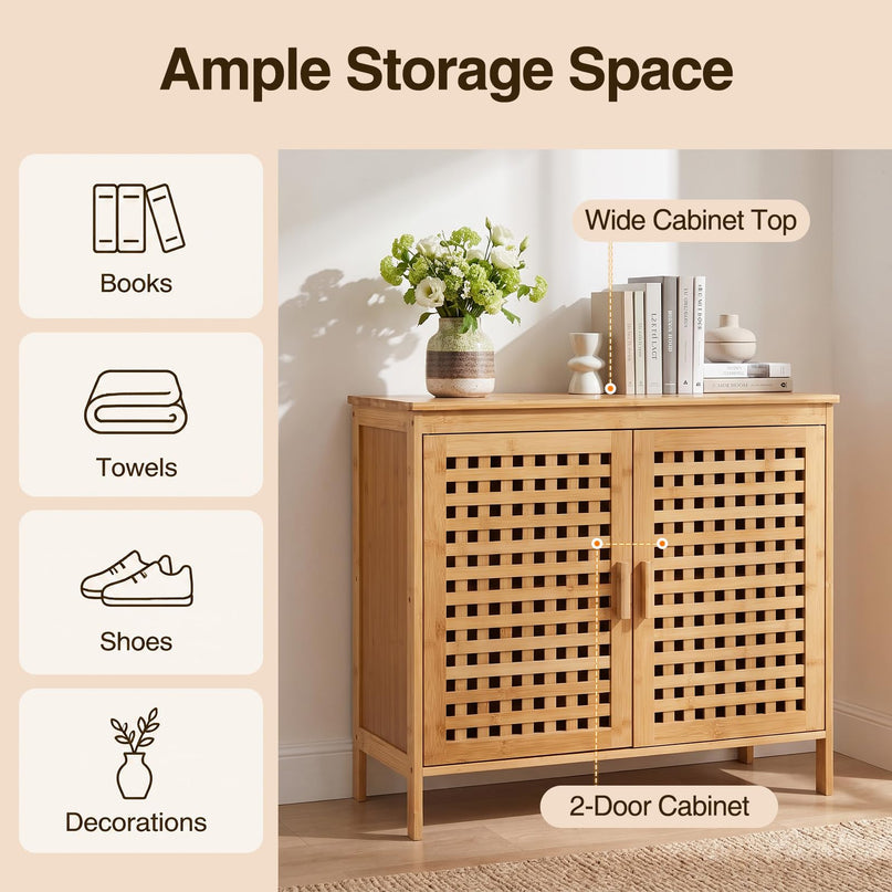 Giantex Freestanding Bamboo Bathroom Storage Cabinet with 2 Doors