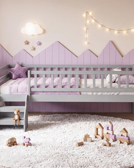 Giantex Low Profile Twin Size Platform Bed Frame with Stairs & Safety Guardrails