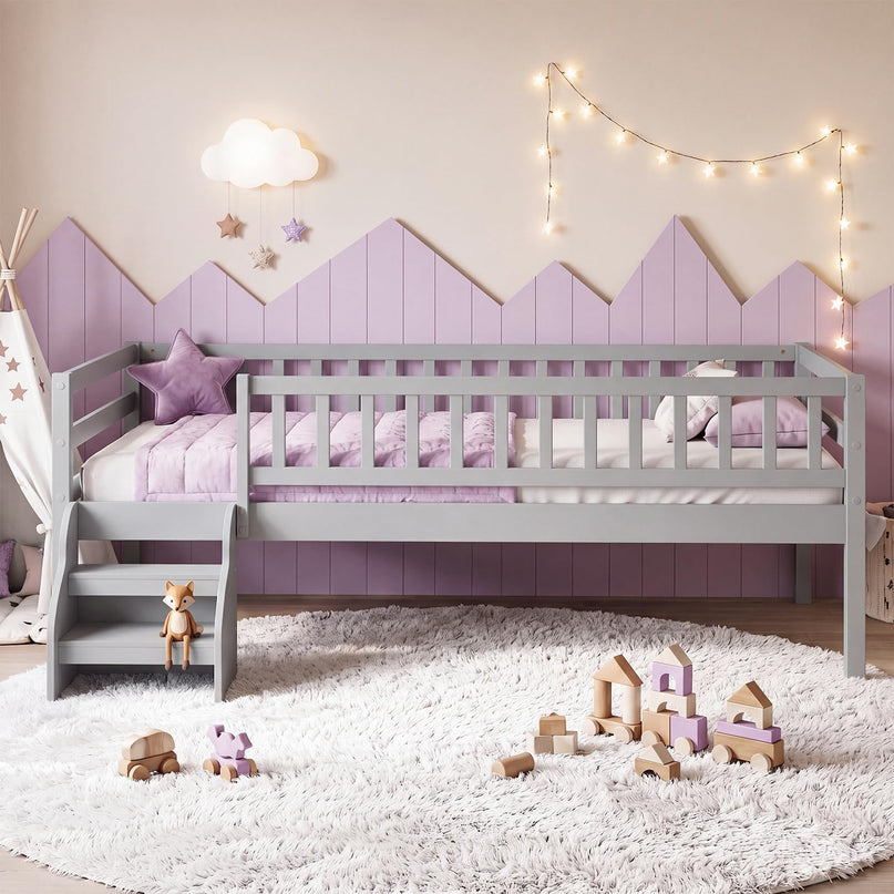 Giantex Low Profile Twin Size Platform Bed Frame with Stairs & Safety Guardrails