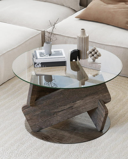 Giantex 32 Inch Modern Center Table with Clear Tempered Glass Top & Solid Wood Legs