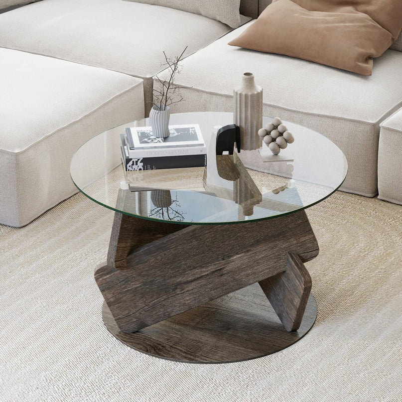Giantex 32 Inch Modern Center Table with Clear Tempered Glass Top & Solid Wood Legs