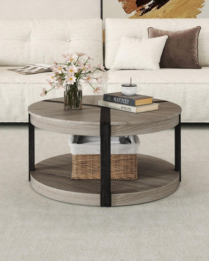 Giantex Round Coffee Table with Open Storage Shelf & Rubber Wood Frame