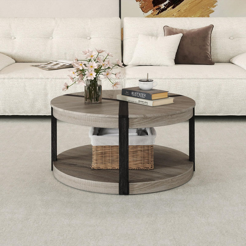 Giantex Round Coffee Table with Open Storage Shelf & Rubber Wood Frame
