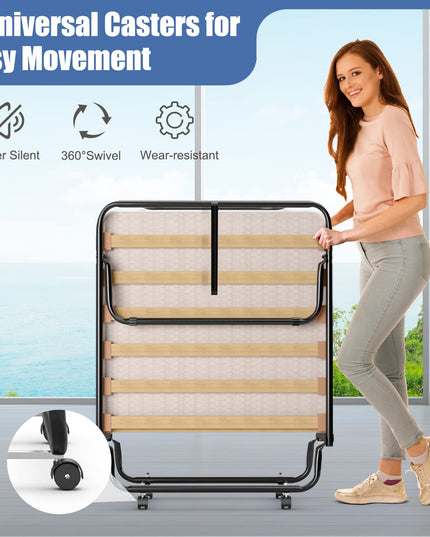 Giantex Folding Bed with Mattress for Adults, 75" x 32" Rollaway Guest Beds w/ 3 Inch Foam Mattress & Sturdy Metal Frame