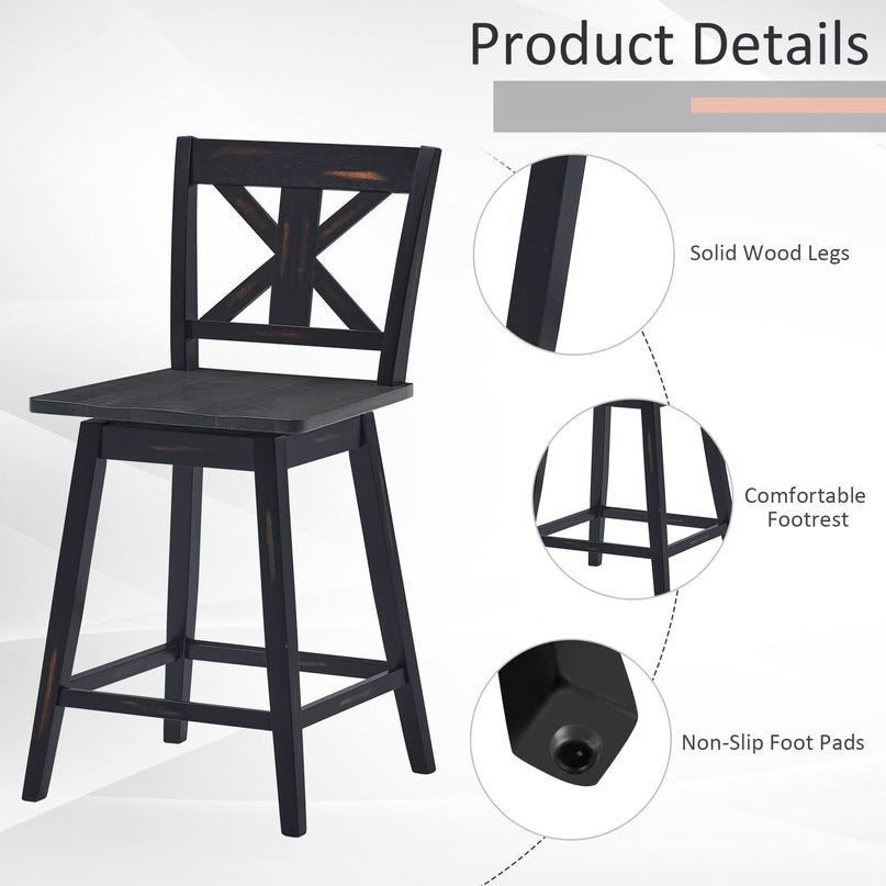 360 Degree Rubber Wood Bar Chairs, Vintage Bar Stools for Home, Restaurant & Pub