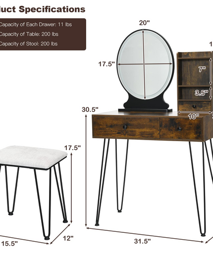 CHARMAID Vanity Set with Lighted Mirror, 3 Drawers and 3 Tiers Storage Shelves