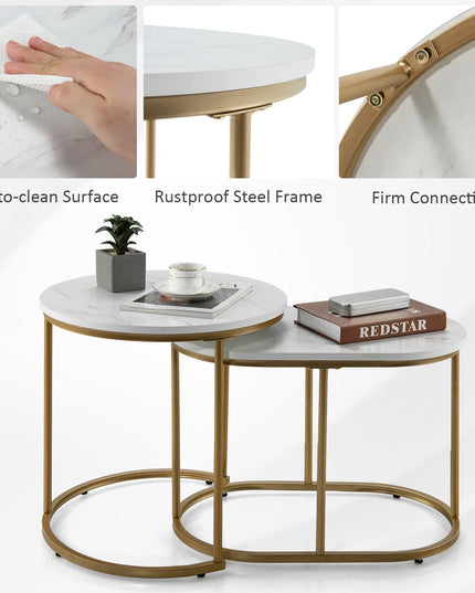 Giantex Modern Nesting Coffee Table Set of 2, Accent Marble Look Stacking Side Table for Living Room Bedroom
