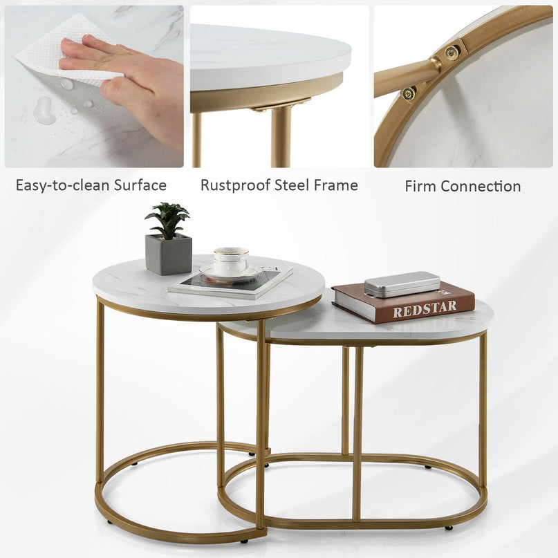 Giantex Modern Nesting Coffee Table Set of 2, Accent Marble Look Stacking Side Table for Living Room Bedroom