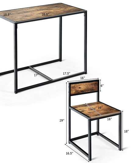 3 Piece Dining Set, Industrial Dining Table with 2 Chairs