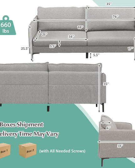 Giantex Upholstered Sofa Couch, 76" Modern Grey Loveseat