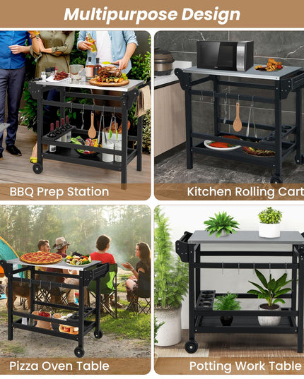 Giantex Grill Cart Pizza Oven Stand, HDPE Outdoor Prep Table, Stainless Steel Top, Storage Shelf