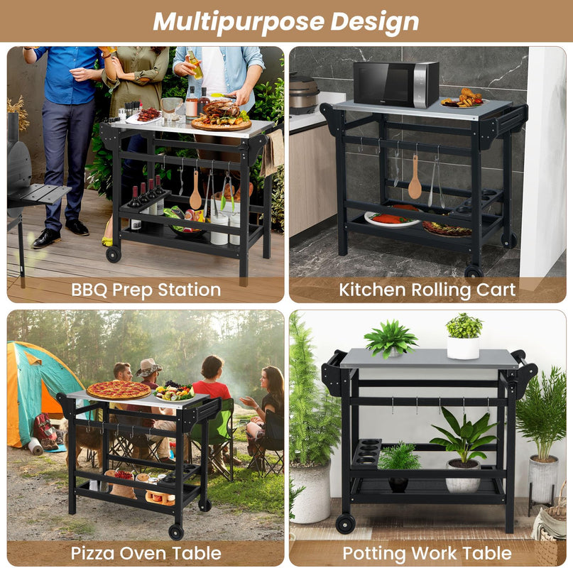 Giantex Grill Cart Pizza Oven Stand, HDPE Outdoor Prep Table, Stainless Steel Top, Storage Shelf
