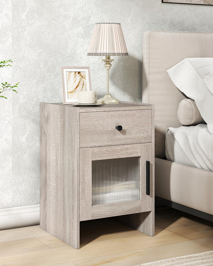 Giantex Farmhouse 16 Inch Rustic End Table with Wavy PC Door and Drawer