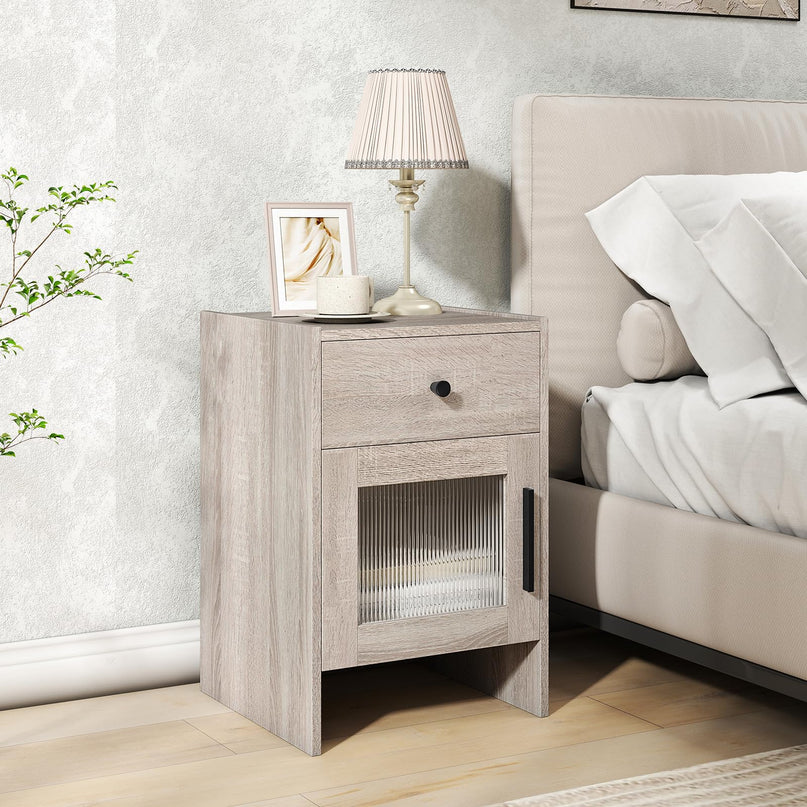 Giantex Farmhouse 16 Inch Rustic End Table with Wavy PC Door and Drawer