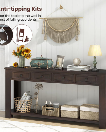 Giantex 63" Farmhouse Entryway Table, Narrow Console Table w/ 4 Storage Drawers & Open Shelf