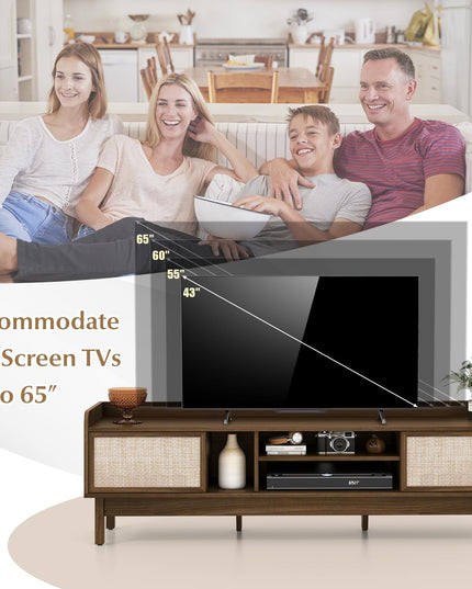 Giantex TV Stand for 65” TV, Entertainment Center with Woven Doors, Sliding Door, Adjustable Shelf & Compartment
