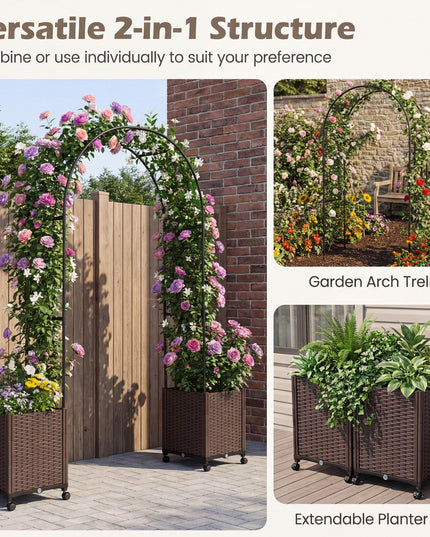 Giantex Metal Garden Arch Trellis Arbor with 2 Self-Watering Planter Boxes