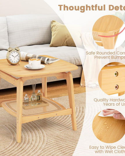 Giantex Rattan Side Table, Boho End Table with Storage Shelf, 2-Tier Bedside Table for Small Spaces