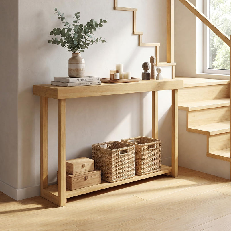 Giantex Console en bois massif à 2 niveaux avec cadre en bois de teck et étagère de rangement (46" x 12" x 32")