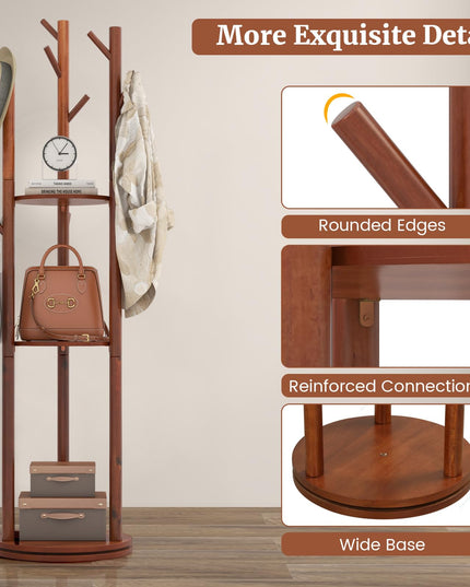 Giantex Coat Rack Freestanding, Wooden Rotary Coat Tree w/ 3 Display Storage Shelves & 9 Hooks
