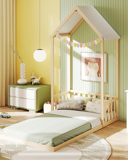 Giantex Twin Size House Bed with House Shape Roof & Semi-Fence