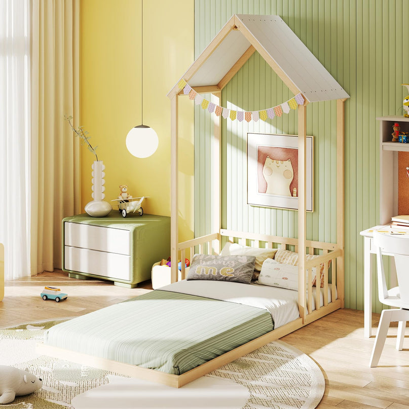 Giantex Twin Size House Bed with House Shape Roof & Semi-Fence