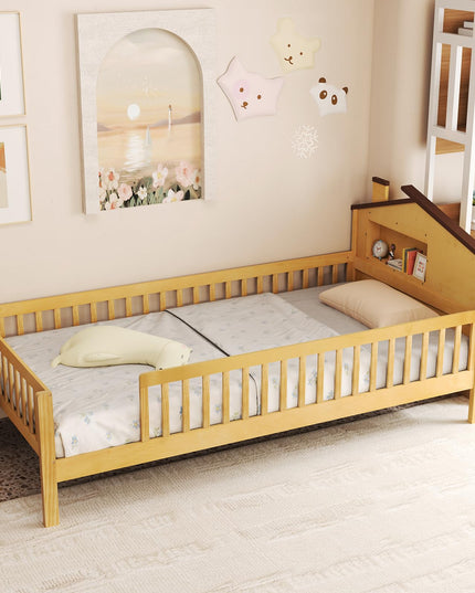 Giantex Twin Bed Frames for Kids, Solid Wood Montessori Bed with House-Shaped Headboard & Built-in Storage Shelf