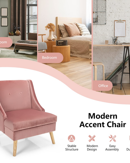 Giantex Pink Accent Chair, Comfy Velvet Swoop Chair w/Rubber Wood Legs, Padded Seat