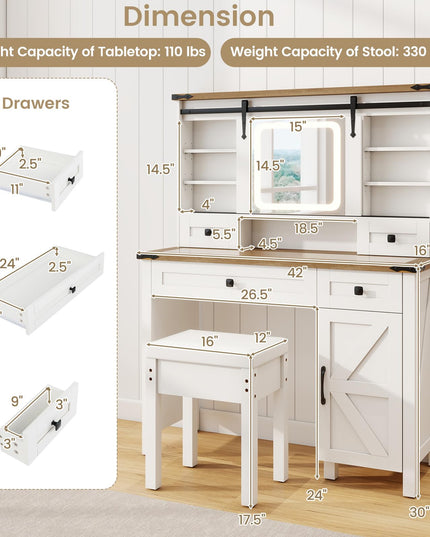 CHARMAID Farmhouse Vanity Desk with Barn-Style Sliding Mirror, Lights & Stool (42" Wide,White & Brown)