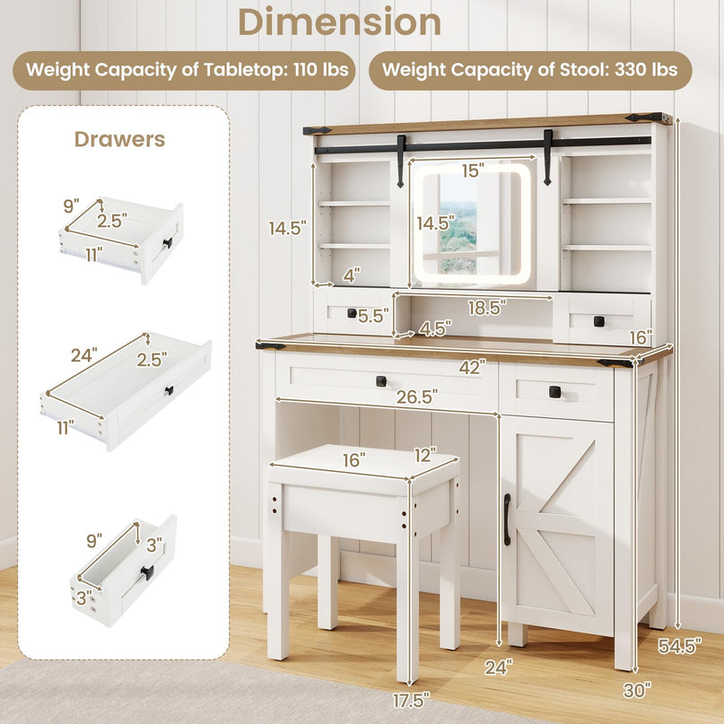 CHARMAID Farmhouse Vanity Desk with Barn-Style Sliding Mirror, Lights & Stool (42" Wide,White & Brown)