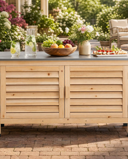 Giantex Fir Wood Outdoor Cabinet with Stainless Steel Countertop