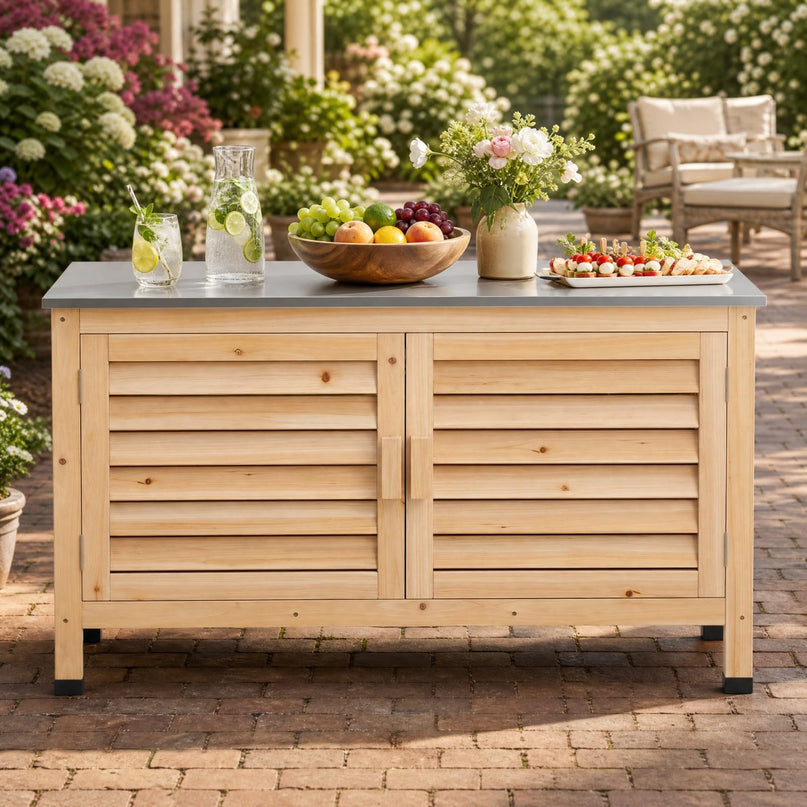 Giantex Fir Wood Outdoor Cabinet with Stainless Steel Countertop