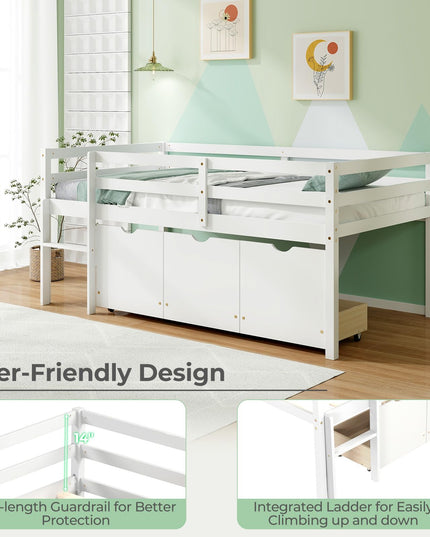 Giantex Twin Low Loft Bed with 3 Drawers, Wooden Loft Bed Frame with Ladder & Full-length Guardrails
