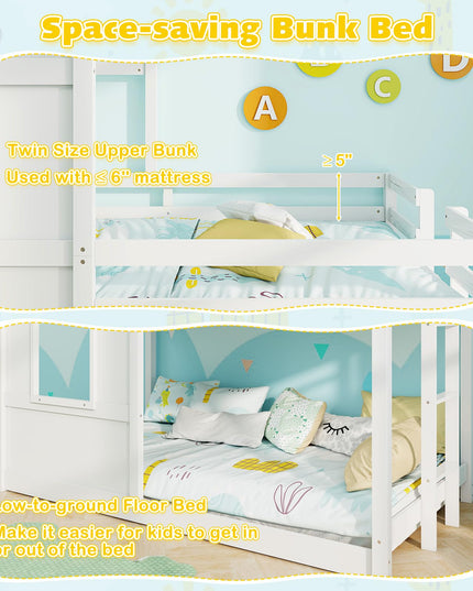 Giantex House Bunk Bed Twin Over Twin, Solid Wood Floor Bunk Bed with Built in Ladder, Window & Safety Guardrail