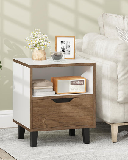 Giantex Mid Century Modern Nightstand Wooden Bedside Table with Drawer & Open Shelf