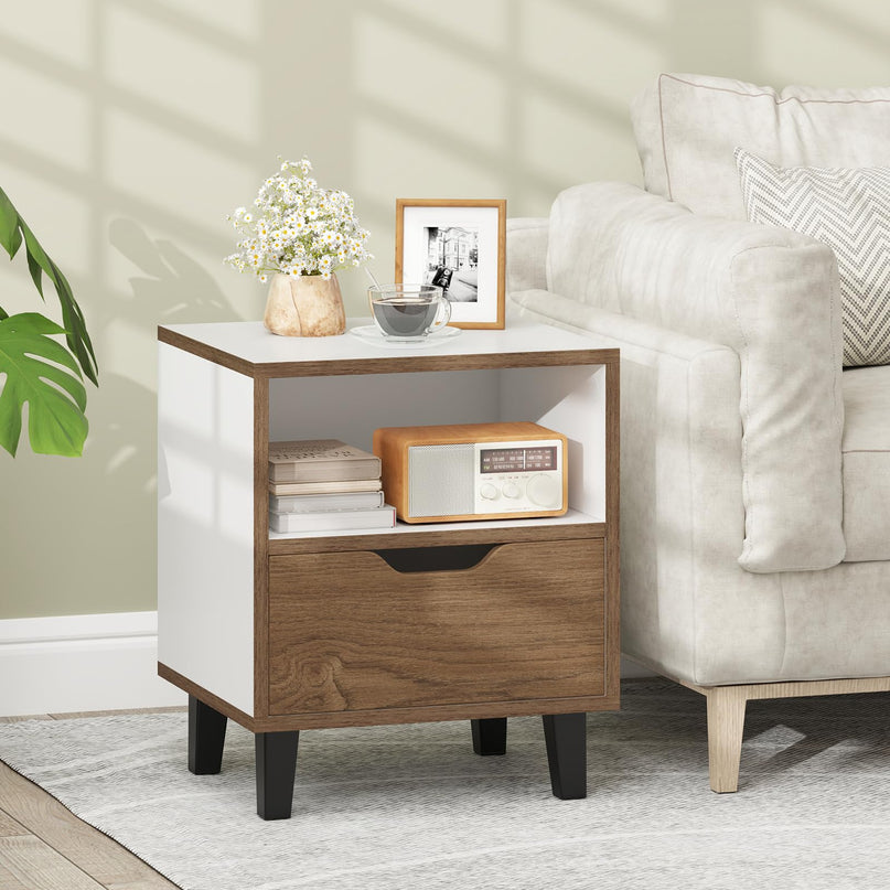 Giantex Mid Century Modern Nightstand Wooden Bedside Table with Drawer & Open Shelf
