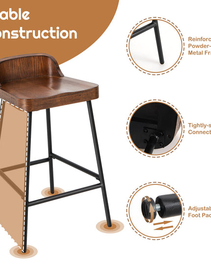 Bar Stool, 24.5-Inch Height Industrial Pub Stool with Backrest and Footrest, Metal Legs, Low-Back Breakfast