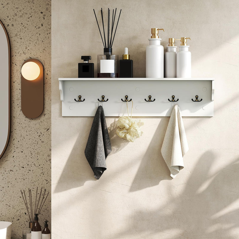 Giantex Wall Hooks with Shelf 31.5inch Wooden Coat Rack with 6 Hooks for Hats Towels Purses Robes