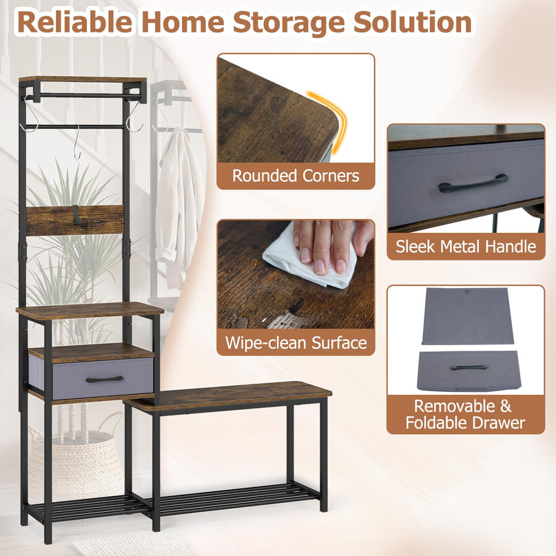 Giantex 7-in-1 Hall Tree with Bench and Shoe Storage