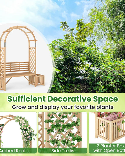 Giantex Outdoor Bench with Garden Arch & Planters for Backyard Lawn
