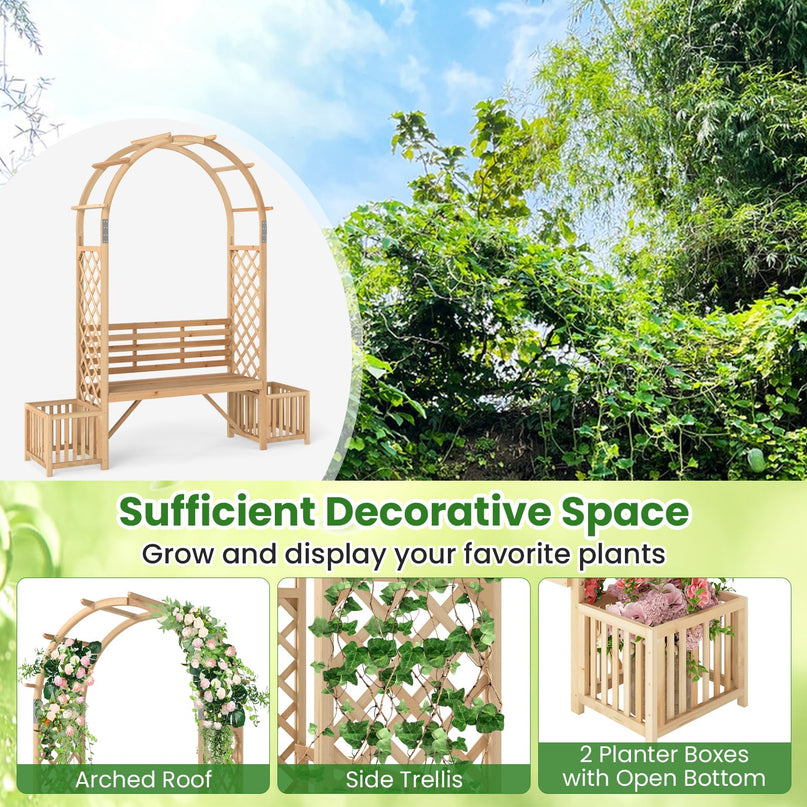 Giantex Outdoor Bench with Garden Arch & Planters for Backyard Lawn