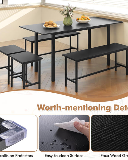 Giantex Dining Table Set for 4-6, 5-Piece Kitchen Table Chairs Set, 63” Extendable Table with 2 Benches