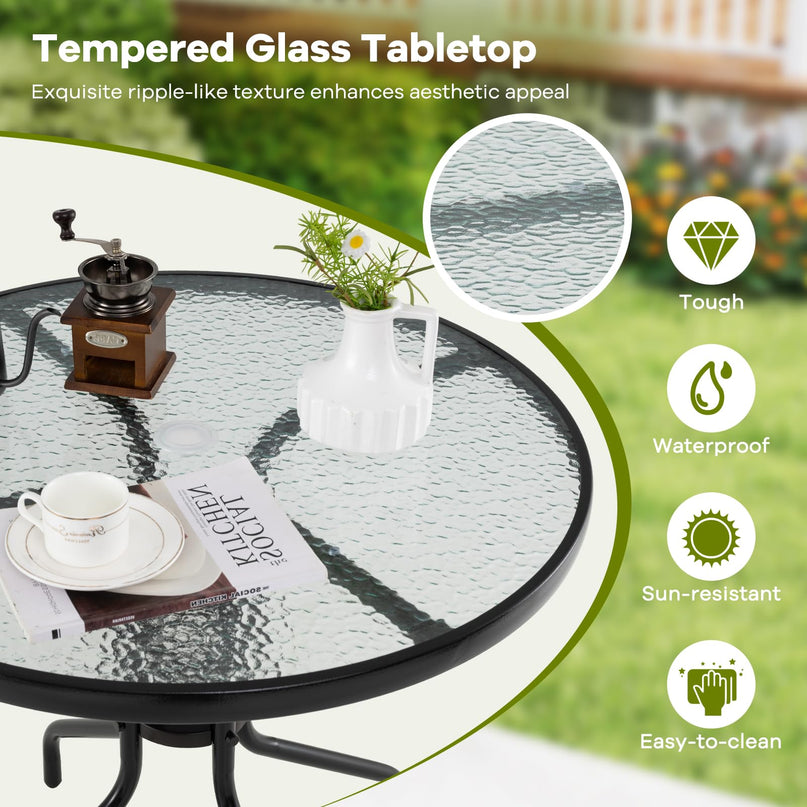 Giantex 31.5" Patio Round Dining Table with Tempered Glass Tabletop & 2" Umbrella Hole