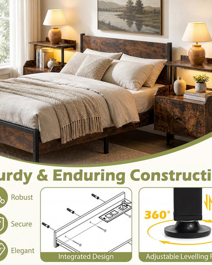 Giantex Nightstand w/Charging Station & LED Light for Bedroom Living Room Study